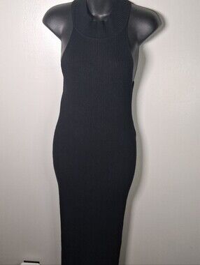 Line & Dot Lori Asymmetrical Ribbed Midi Dress in Black - Size L